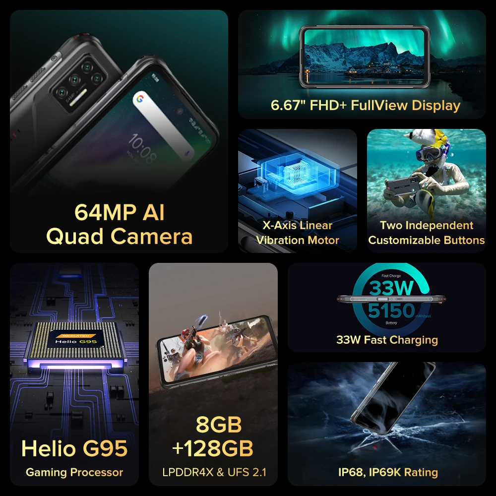 UMIDIGI-tel&eacute;fono inteligente BISON GT, m&oacute;vil resistente al agua IP68/IP69K, Helio G95, c&aacute;mara cu&aacute;druple ia de 64MP, NFC, 8GB + 128GB, 6,67 pulgadas, FHD + 33W de carga-1