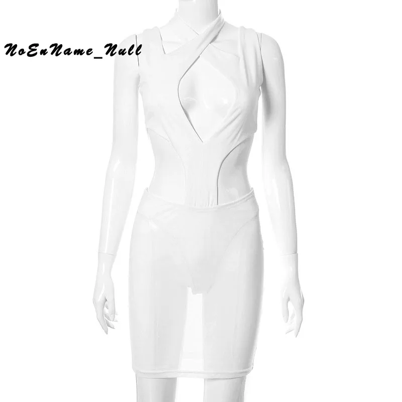 

Summer solid color hanging neck EGirl stitching mesh perspective Y2k Dresses For Women Sexy Hollow Out Backless Bodycon Dress
