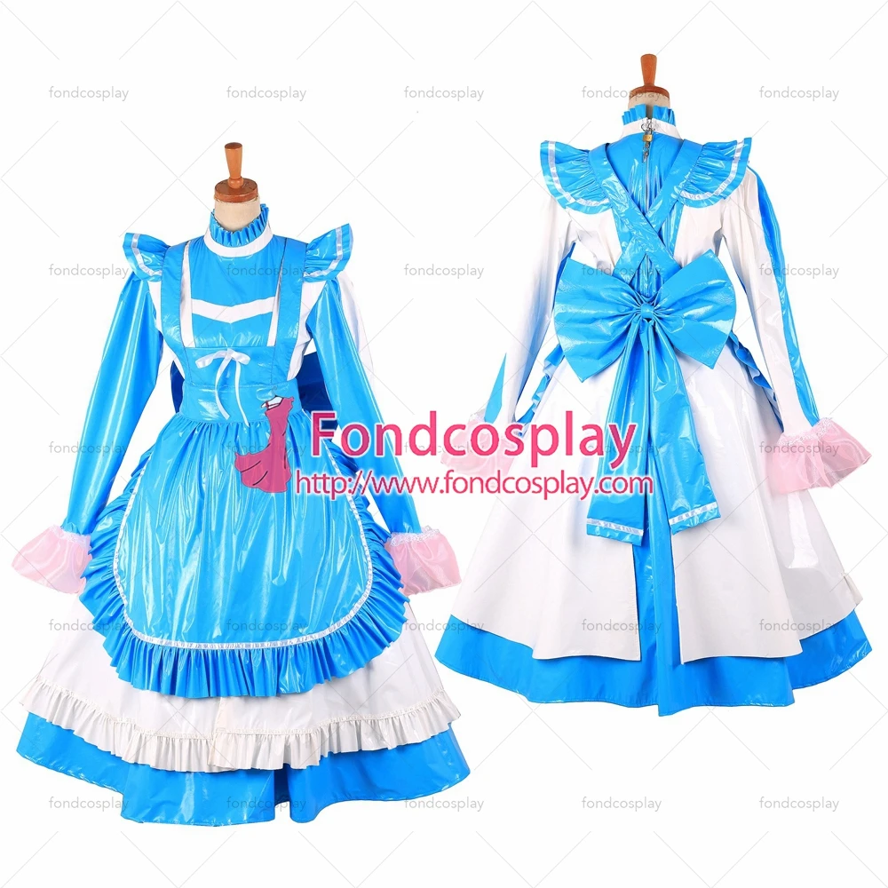 

fondcosplay adult sexy cross dressing sissy maid long lockable blue thin PVC Dress maid vinyl Uniform apron Tailor-Made [G1622]
