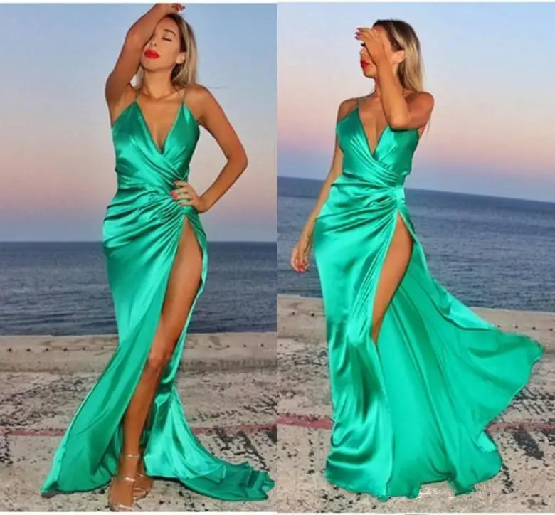 

Romantic Silk Satin Prom Dresses 2022 Jade Green Long Backless Floor Length Beach Side Slit Bridesmaid Dress Evening Wear Cheap