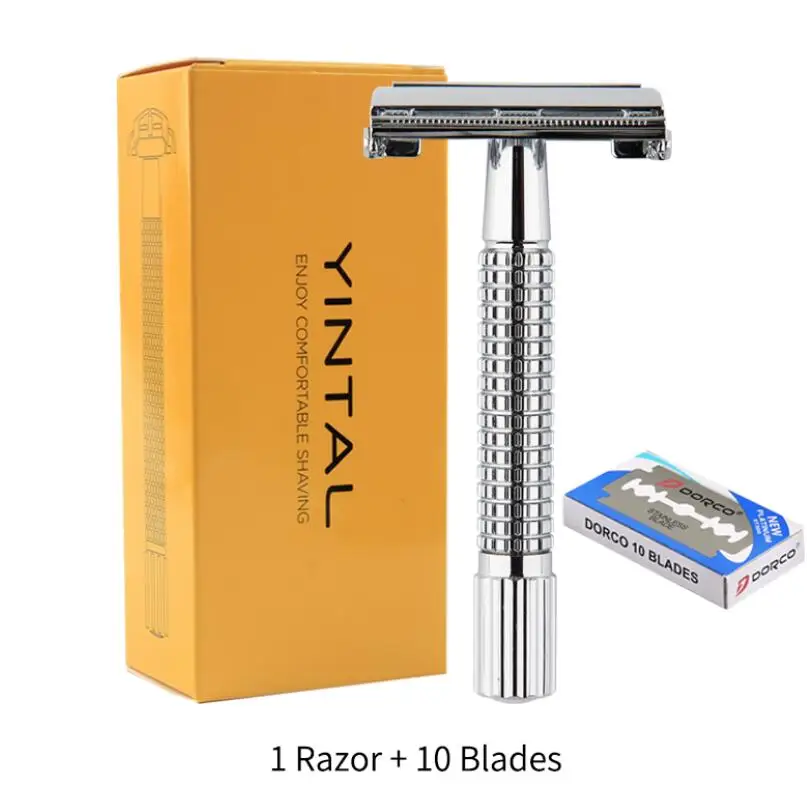 1 Razor 10 Blades YINTAL двойная Безопасная бритва с латунным покрытием Мужская ручная портативная бритва с противоскользящей ручкой - Цвет: 1 Razor 10 Blades