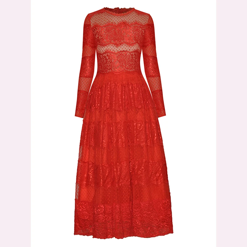STREET Newest HIGH Spring 2021 Designer Dress Women's Long Sleeve Red Lace Midi Dress