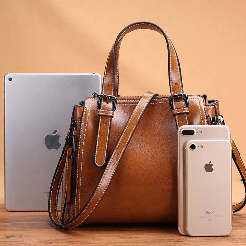 

Women Handbag Split Leather Design Shoulder Bag Female New Tote Bag Oil Wax Cowhide Fashion Top-handle Bags Vintage Autumn Bag