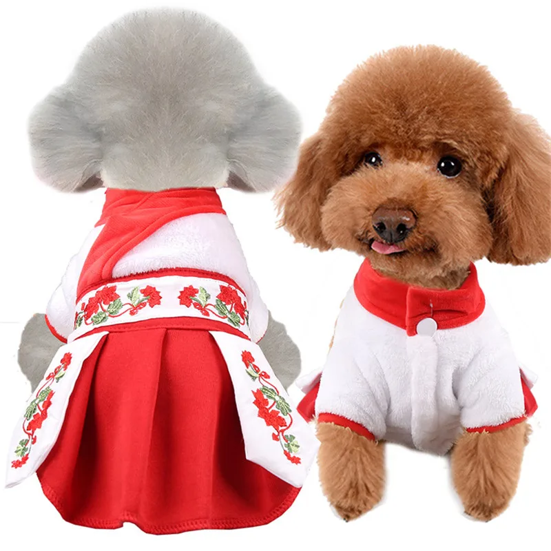

New Winter Warm Pet Dress Dog Costume Chinese Style Embroidery Hanfu Dog Dress Puppy Fleece Pet Skirt Coat Wedding Clothes