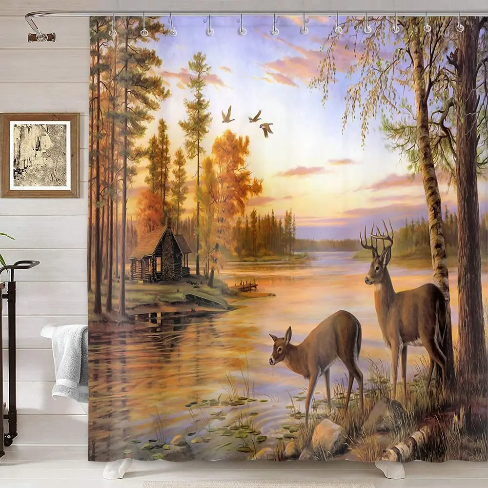 

Elk Shower Curtain Animals Theme Deer Safair in Stream River at Forest Sunset Shower Curtain, Fabric Bathroom Decor Accessories