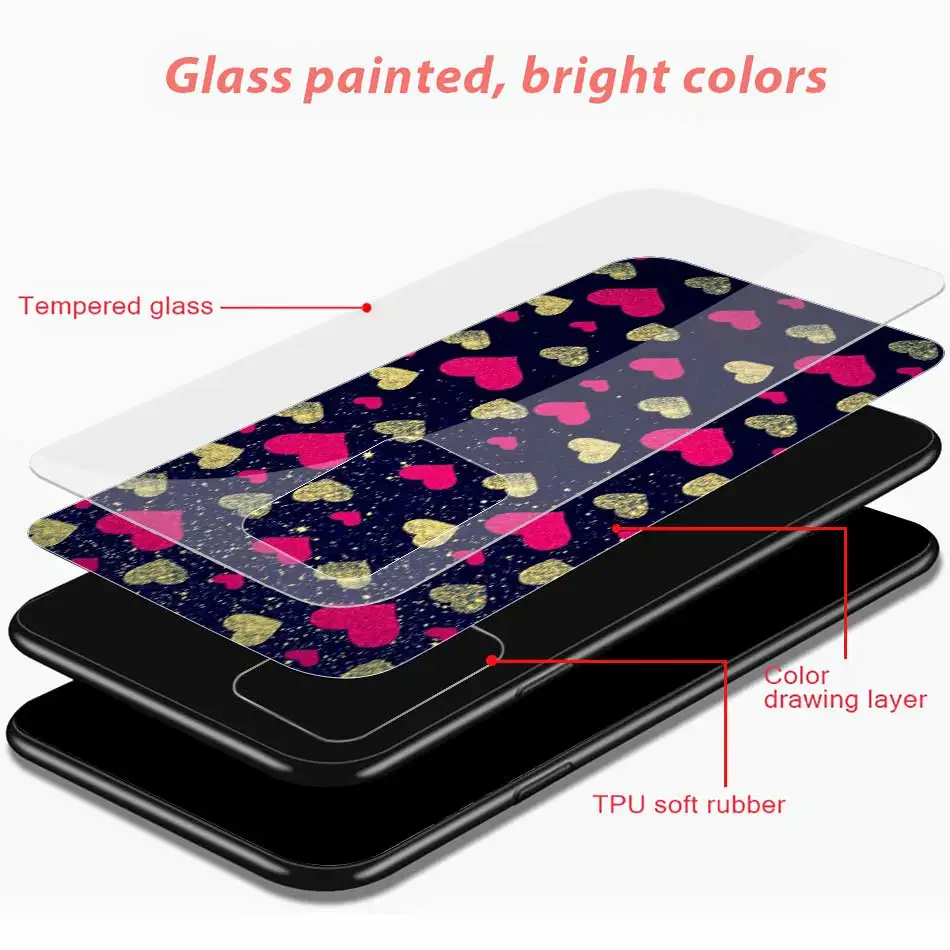 

Tempered Glass Phone Case For Samsung Galaxy A51 A71 A50 A70 A21s A31 A41 A30 A40 A10 A20 Pink Blue Gold Hearts Back Cover Coque