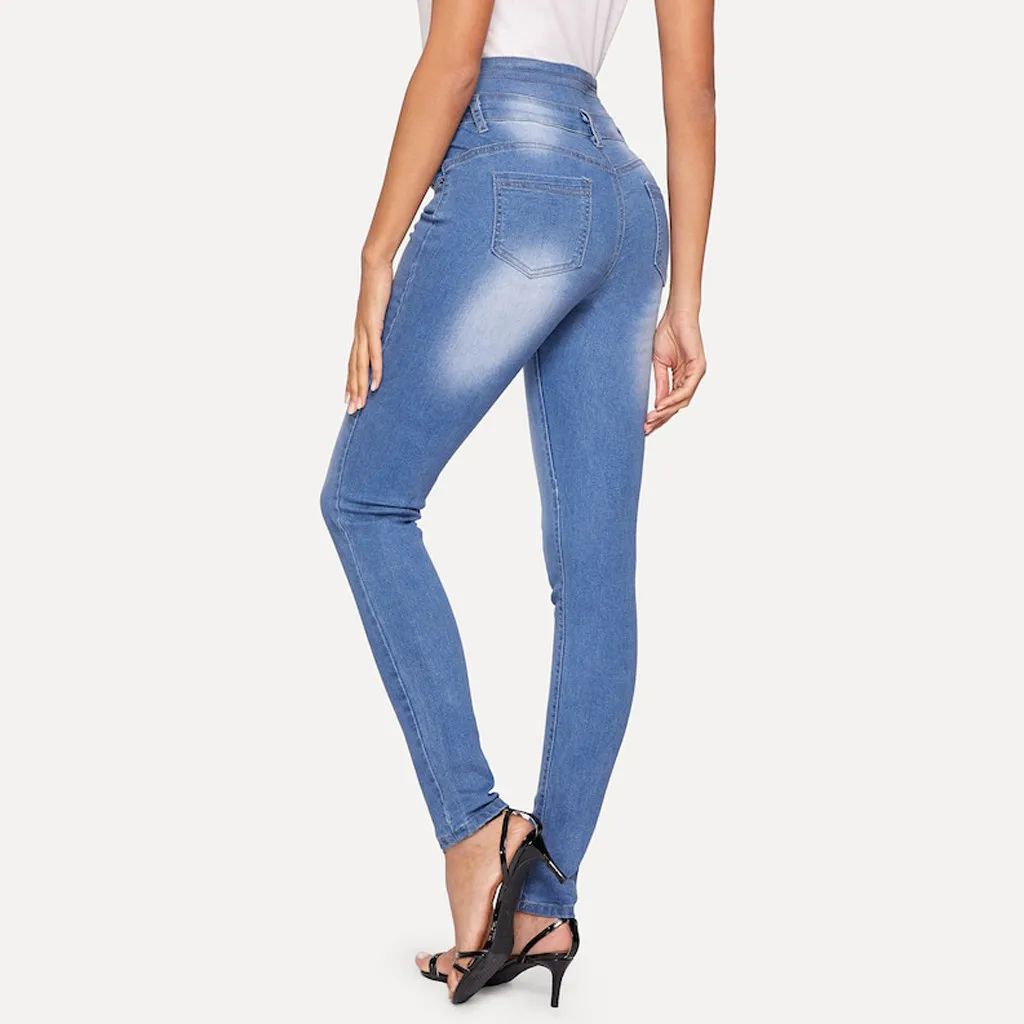 Women Autumn Elastic Button Jeans Female Pant Slim Stretch Jeans Blue Ladies Small Feet Cropped Pencil Pant#BL20