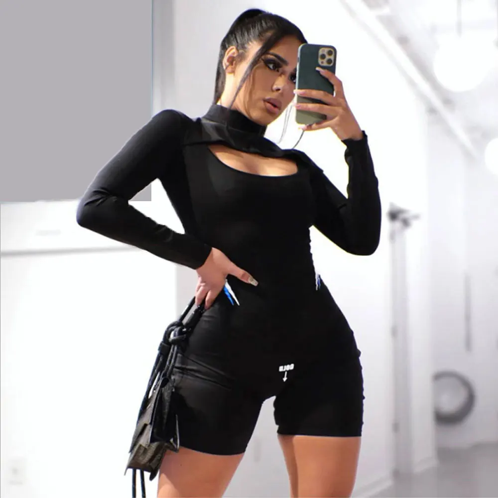 

Summer Women Sexy Bodysuit Black Solid Long Sleeve Party Club Bodysuit Body Top For Women Short Jumpsuit Shorts