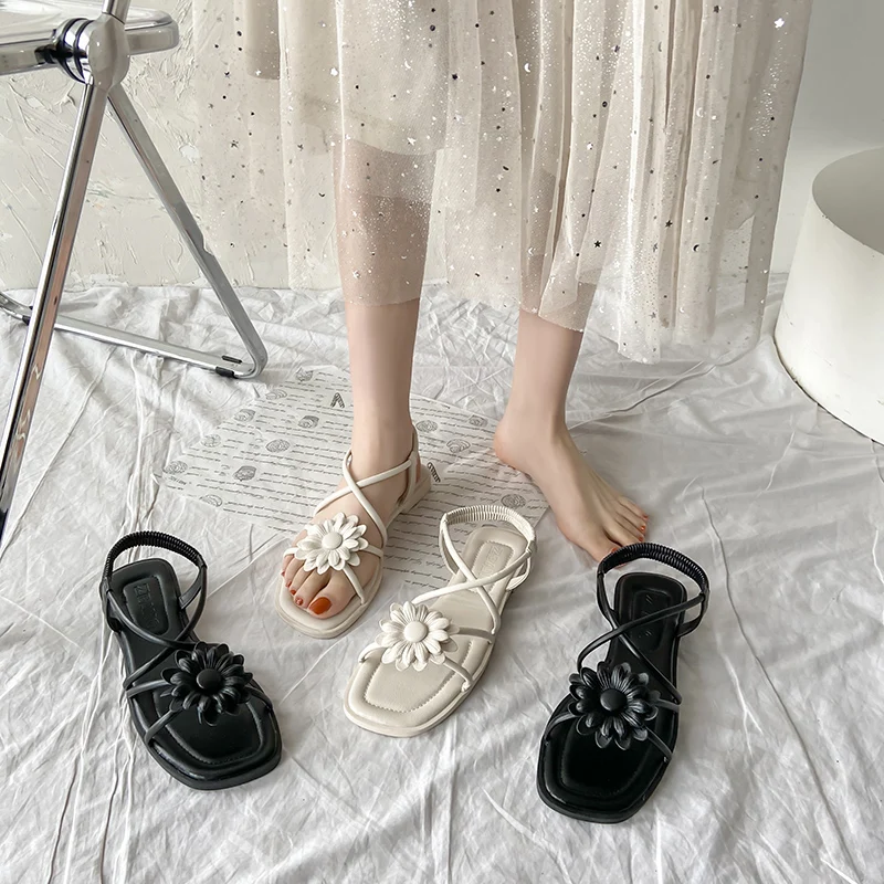 

Low Sandals Woman Leather Suit Female Beige Summer Heels Clear Shoes Low-heeled Black Flat Girls 2021 New Fashion Comfort Elast