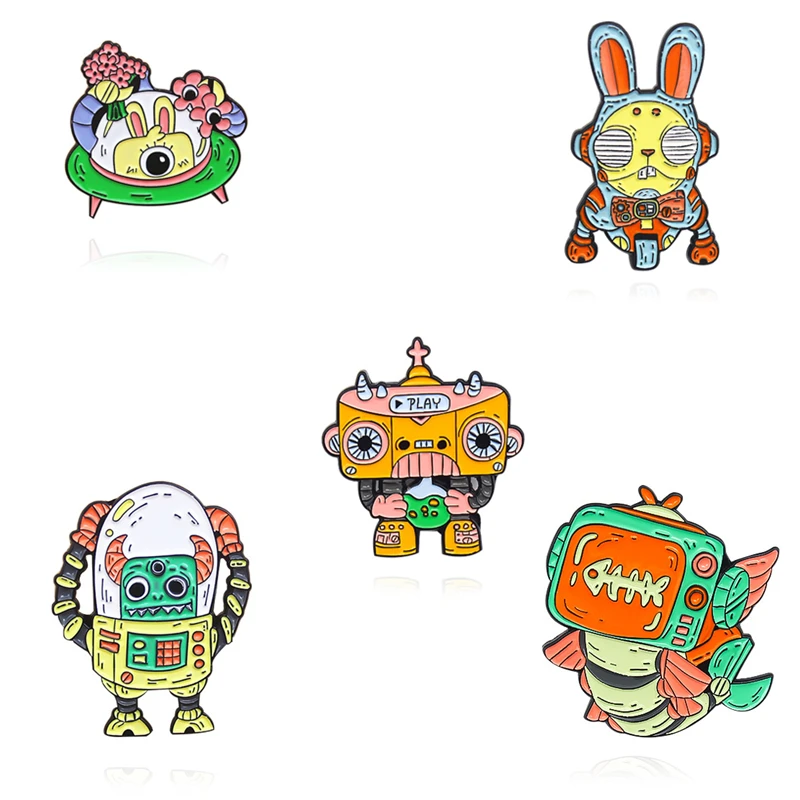 

Ufo Flying Saucer Brooch Fashion Robot Alien Brooch Crocodile Bunny Fish Cosmic Adventure Brooch Tape Head Jewelry Wholesale