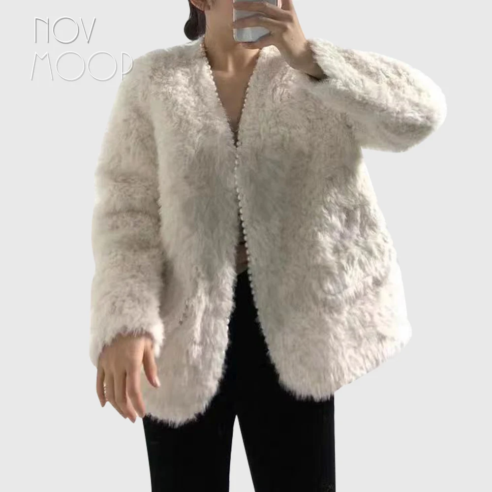 

Novmoop pearl decored hem faux lamb wool women winter coat heavy style filled with polyester Italy luxurious LT3371