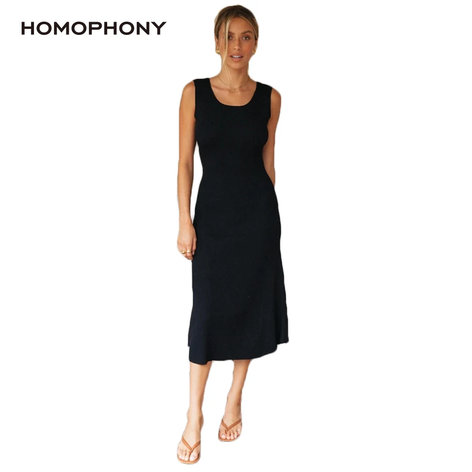 

Homophony Black Elegant Knit Dress Backless Sexy Summer Dress Square Collar Sleeveless Knee-Length Dress Casual Women's Clothing