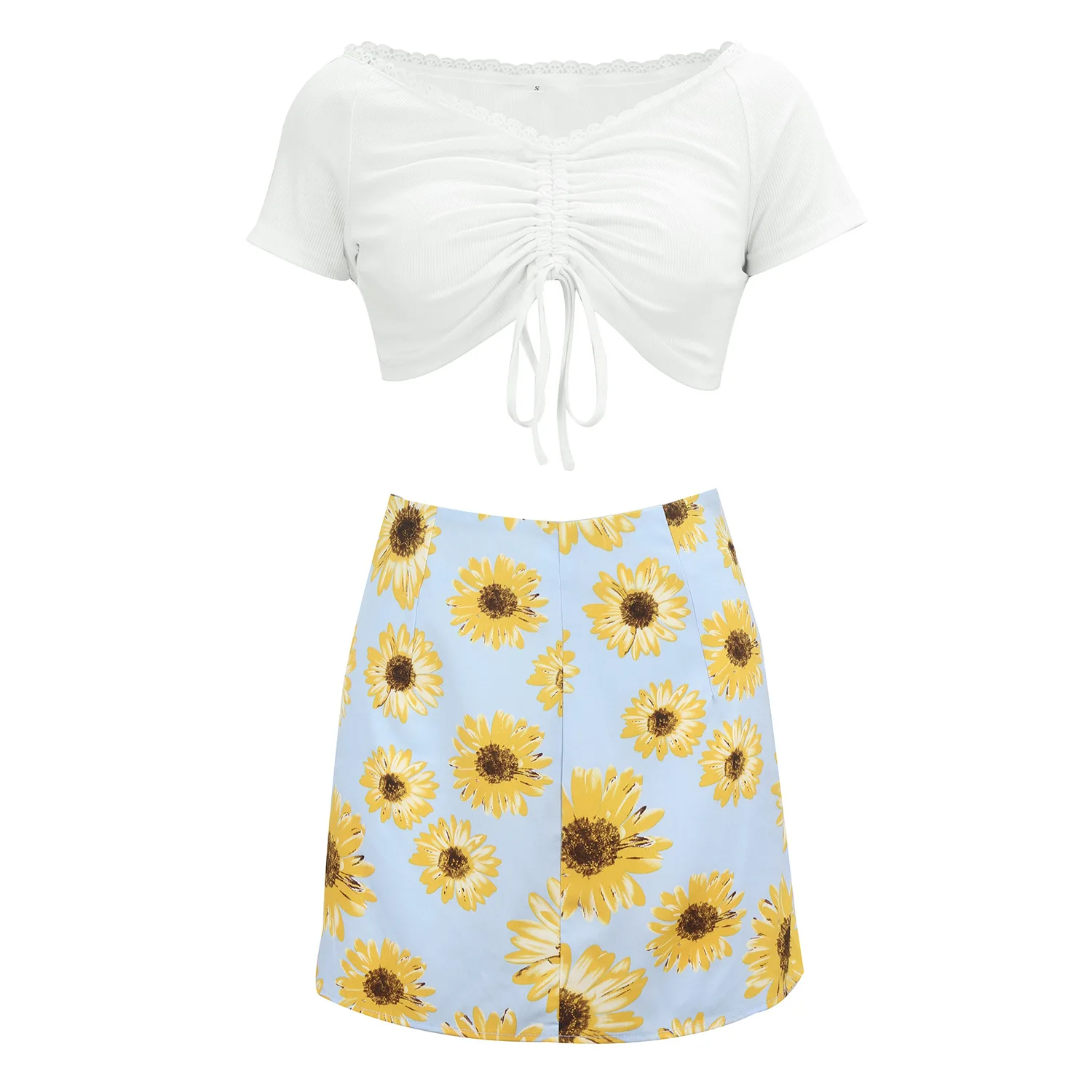 

A New Pleated Short Style for Summer Midriff High Quality Top Print Skirt Suit 2-piece Set Fashion Women Short Sleeve Dress
