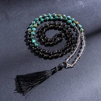 8mm clear quartz black onyx turquesa africana beaded knotted mala necklace 108 japamala rosary meditation yoga women jewelry