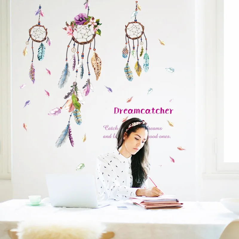 

Wind Chime Wall Sticker Feather Dream Catchers Bedroom Living Room Girls Vinyl Decorative Sticker Home Decor PVC Decals Mural