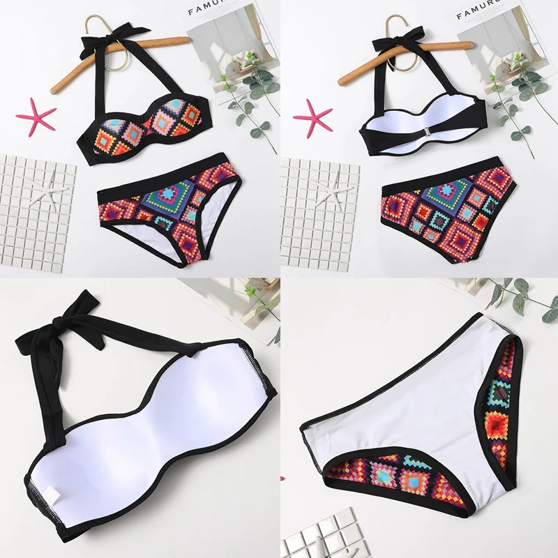 

Geometric Print Halter Ladies Split Bikini Open Back Ladies Swimsuit