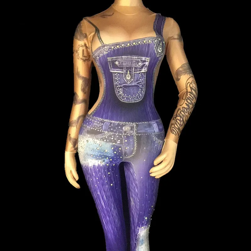 Женские джинсы с напечатанной камни стрейч комбинезон 2 Цвета Одна деталь для