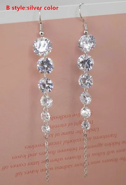 Bling AAA циркониевый камень CZ Висячие серьги для женщин Роскошные невесты Золото Серебро Цвет Длинные Серьги Brincos Bijoux Свадебные ювелирные изделия - Окраска металла: B silver color