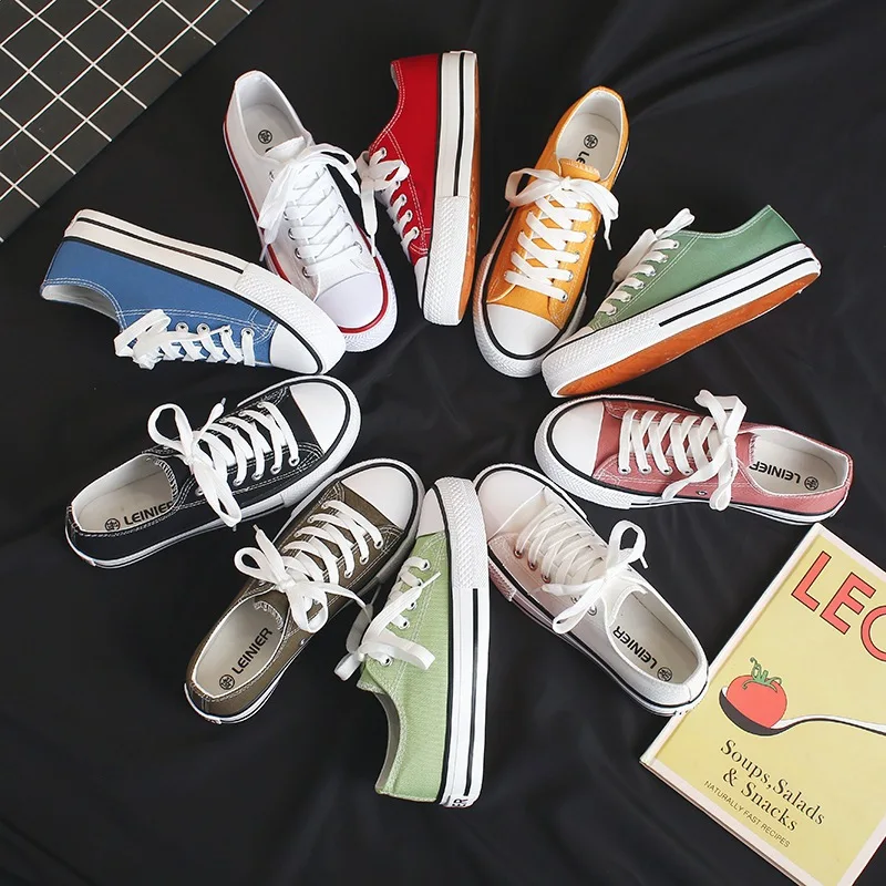 Spring Autumn Womens Canvas Casual Flat Sneakers Comfortable Student Low Top Vulcanize Shoes Lace Up PW043