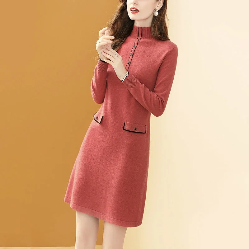 

Women 2021 New Spring Mini Dress Fashion Half Turtleneck Long Sleeve Knitted Sweater Dress Female Plus Size High Quality X334