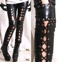 women gothic faux leather elastic leggings hollow out lace up pu leggins leggings lady fetish sexy black punk rock skinny pants