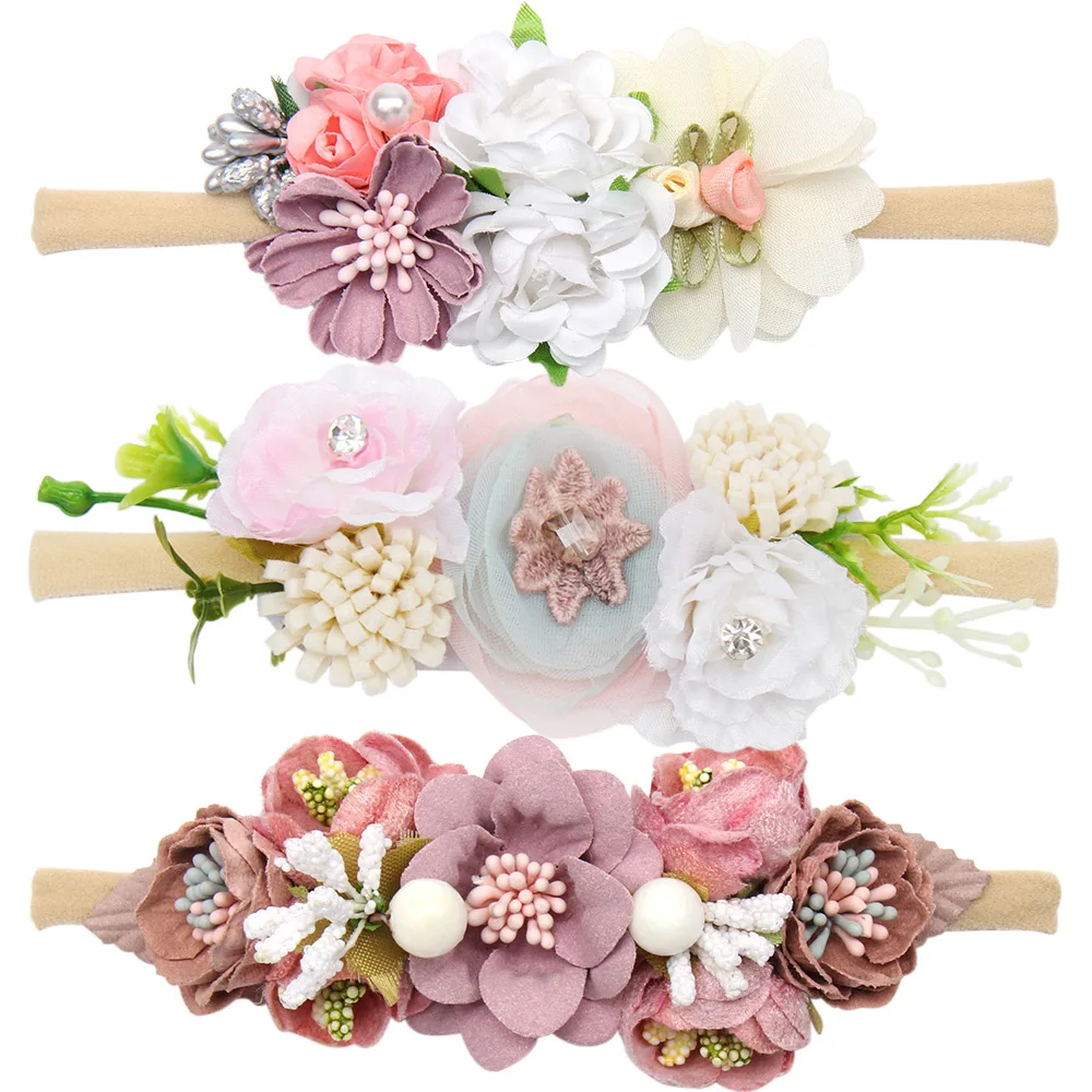 

Newborn Pearl Artific Flower Baby Headbands For Toddler Girls Handmade Nylon Elastic Hair Band Baby Hairband повязка на голову