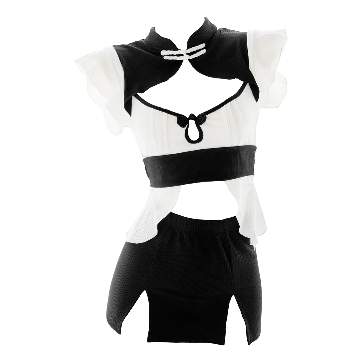 

Women Cheongsam Collar Hollow Out Pajamas Sexy Perspective Underwear Japanese Girls Nets Yarn Spilt Sleepwear Tops Skirt Suit