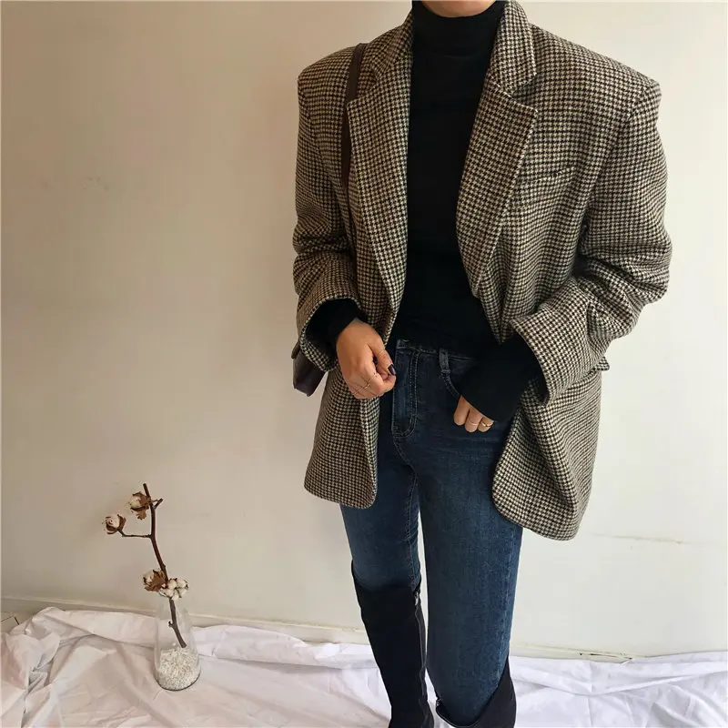 

HziriP Retro Slender Office Lady Oversize Vintage Houndstooth Woolen Casual 2020 Belt Sashes Femme Fashion Loose Elegant Coat