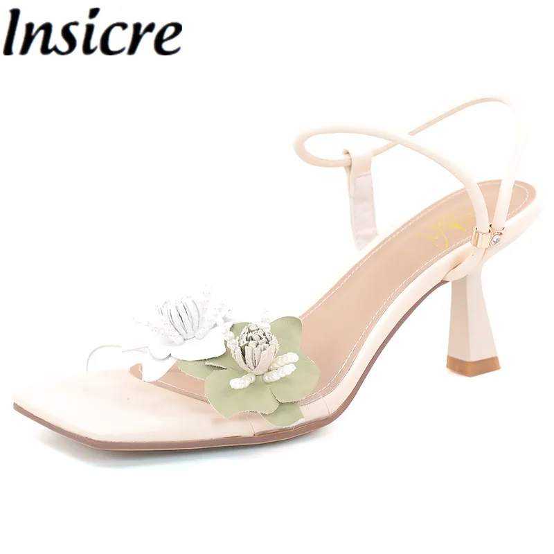 

Сандалии Insicre женские на высоком каблуке, ПВХ, квадратный носок, цветок, милая обувь, ручная работа, размер 40, бежевые, с бусинами, 2021