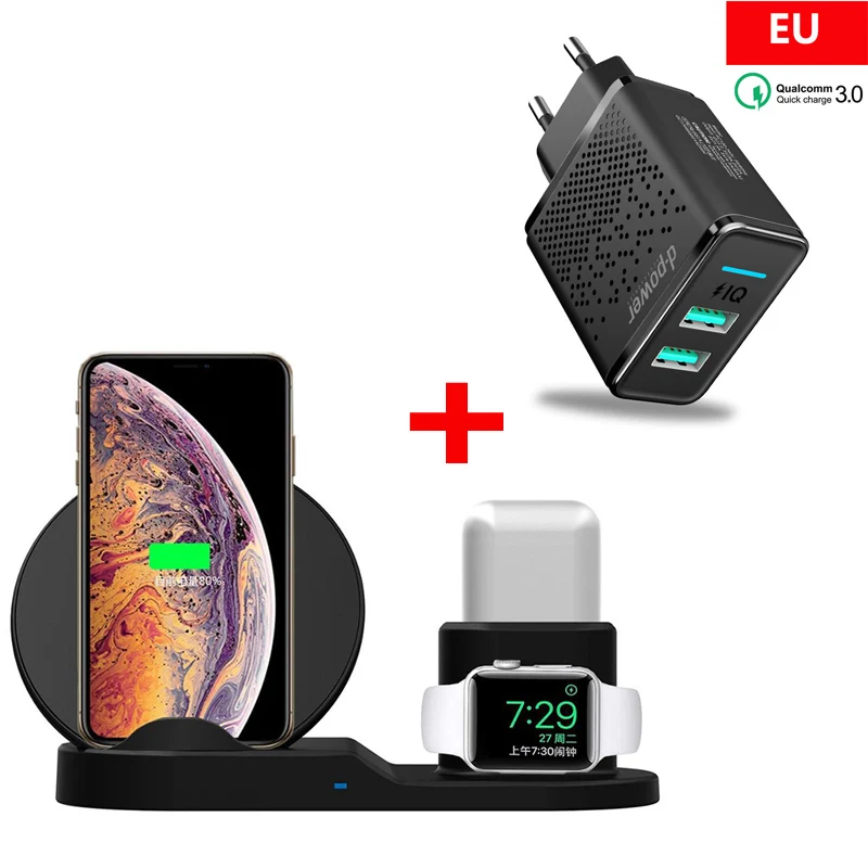Цвет: желтый 3 в 1 QI Беспроводная зарядная подставка для iPhone 8 8Plus X XS Max XR Беспроводная зарядная док-станция для AirPods Apple Watch 1 2 3 4 - Цвет: Цвет: желтый