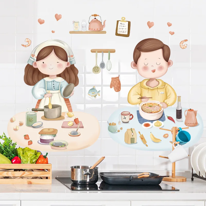 

Cartoon Kitchen Wall Stickers Sweet Couple Vinyl Wall Decals for Kitchen Home Decor Mural PVC Art Posters