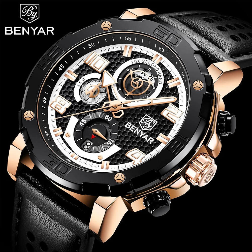 

BNEYAR Top Brand Chronograph Men Watch Waterproof Stainless Steel Men Quartz Wristwatches 48mm Large Dial Leather Military Watch