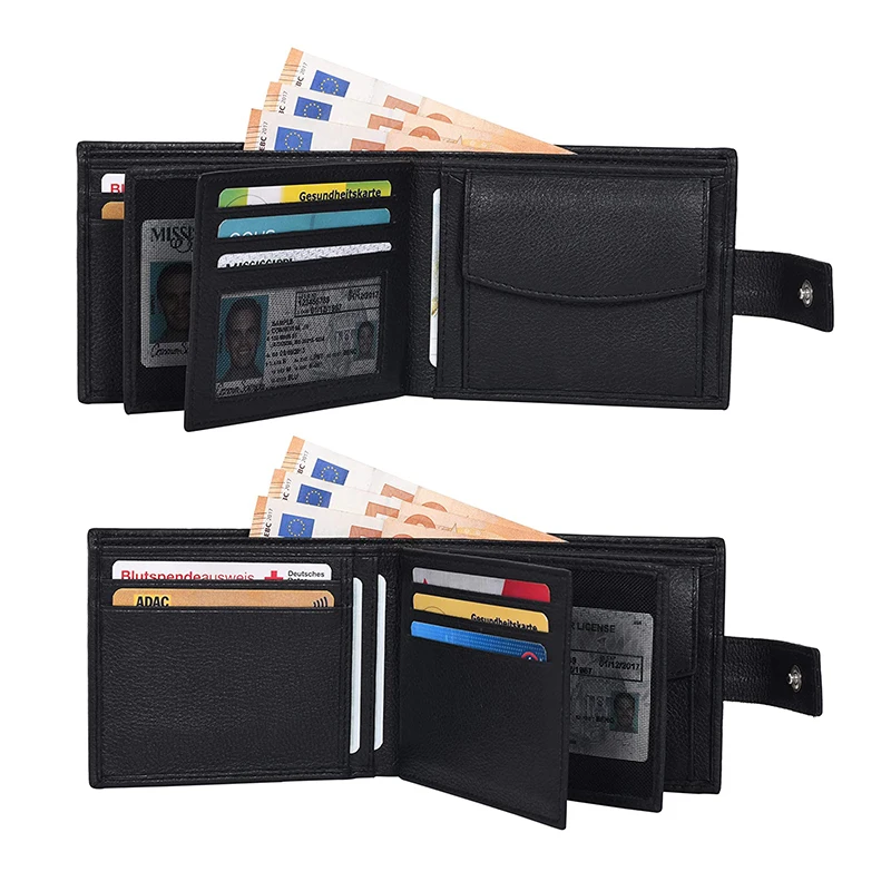 Lychee Pattern Genuine Leather Wallet Buckle Multi Card Slot Large Capacity RFID Men's Wallet with ID Window And Coin Purse