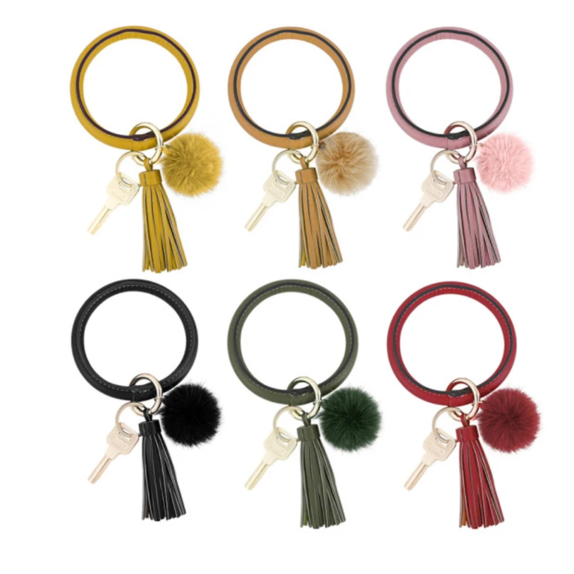 

Bohemia PU Leather Wristlet Keychain Bangle Fashion Bulb Pendant Large Circle Keyring Tassel Bracelet For Women Jewelry