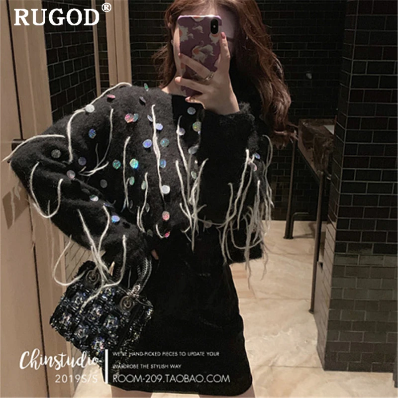 RUGOD элегантный блесток tassle вязаный женский свитер корейский шик Круглый Вырез