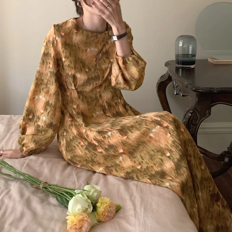 

Fashion Women Design O Neck Snow Pattern Dress Retro High Waist Straight Slim Long-Sleeved Dresses Female Ol Style 2021 Spring