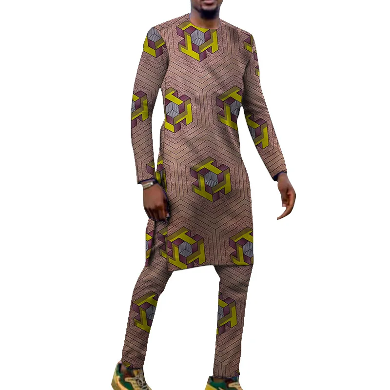 

Комплекты модных мужских брюк в нигерийском стиле рубашка с длинным рукавом и брюки костюмы для жениха традиционные мужские наряды на зака...