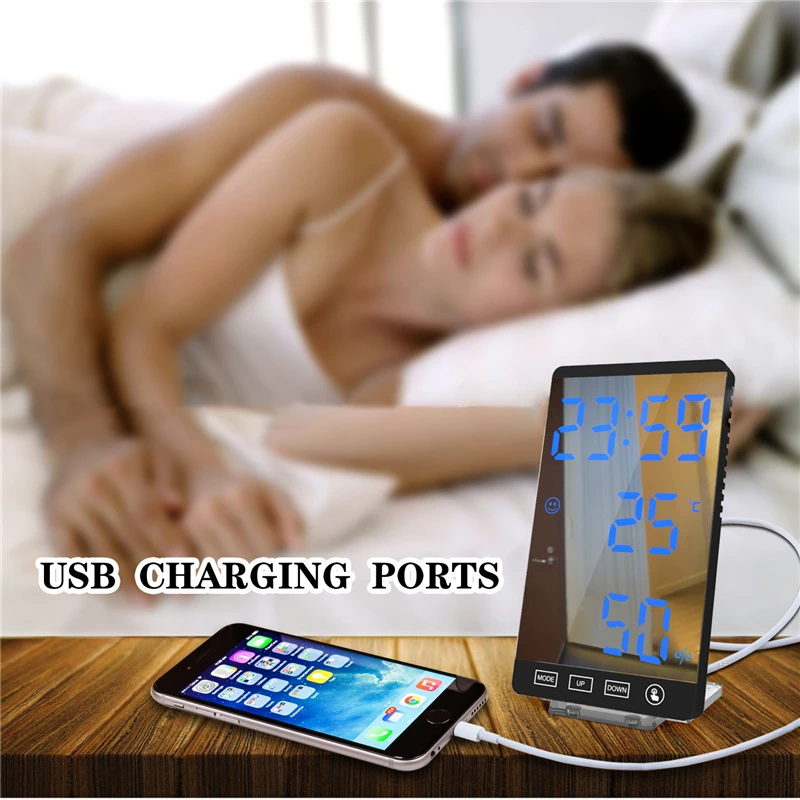 

6 Inch LED Mirror Alarm Clock Touch Button Wall Digital Time Temperature Humidity Display Clock USB Output Port Table Clock