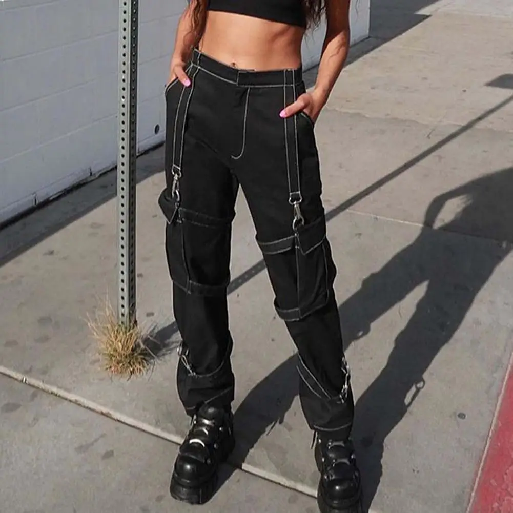 

Женские брюки из металла повязки с высокой талией с несколькими карманами прямые брюки-карго Брюки черные брюки уличная размера плюс