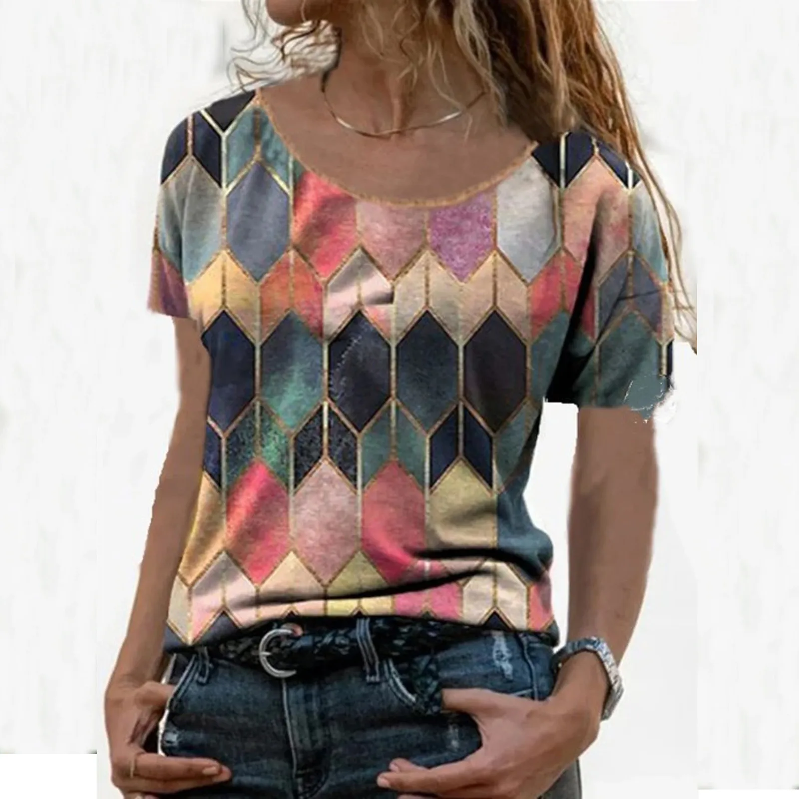

Aesthetic Woman Blouses Women O-neck Patchwork Retro Print Short Sleeves Ladies Tops Blouse Mujer Camisetas Femme Blouses