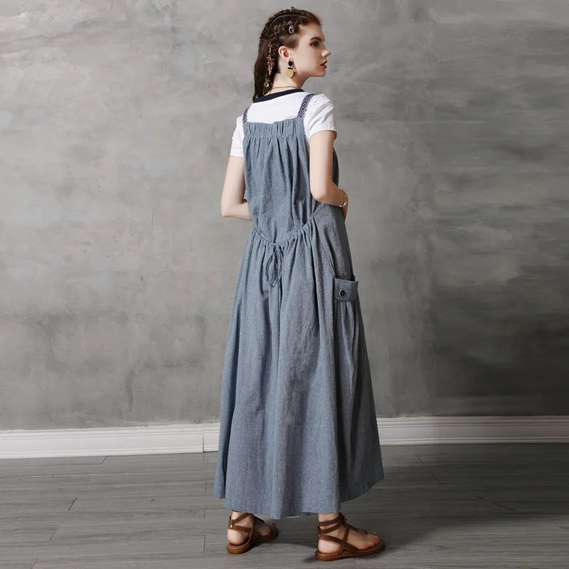 A2020 summer new suspender loose fashion casual style simple large pocket cotton and linen comfortable size long dres | Женская одежда