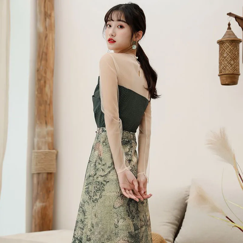 Summer Sweet 2 piece Set Women Short Vintage Green Mesh Patchwork Tops +Mid-length Slim Print Skirt 2020 New Fashion Office Sets | Женская