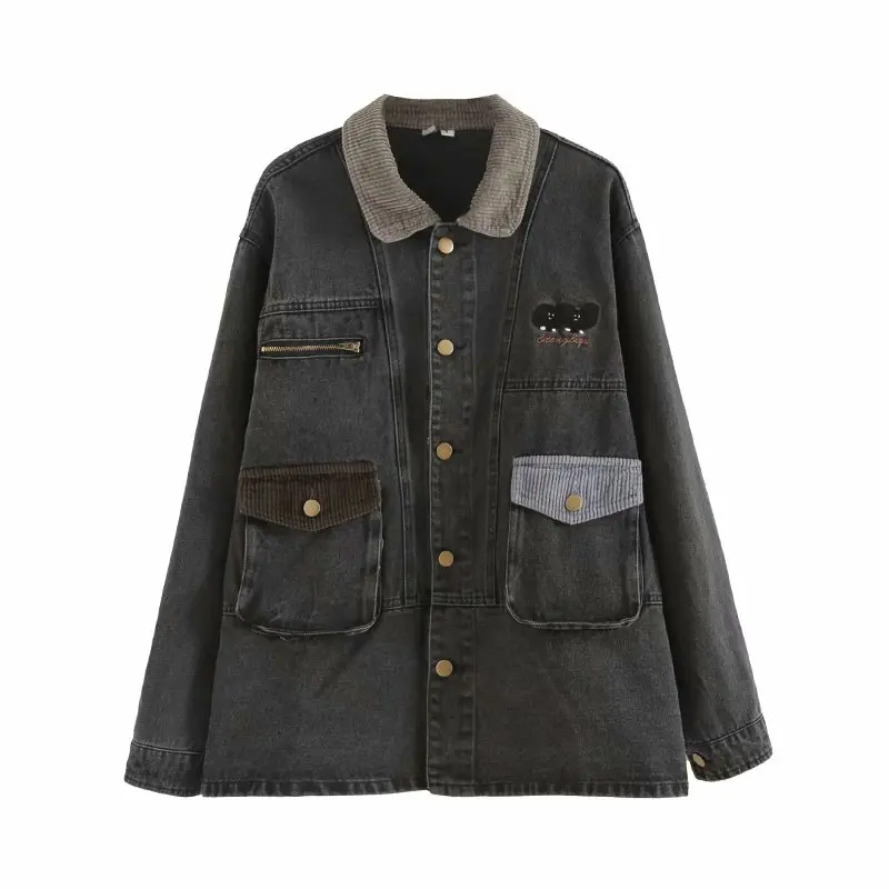 

Jeans Jacket For Women Black Cartoon Embroidery Casual Denim Coat 2020 Winter Sweet Long Sleeve Turndown Collar Ladies Outwears