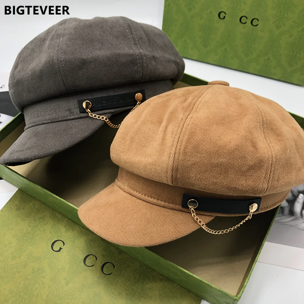 

French Black Dome Women's Octagonal Hat Casual and Elegant Artistic Women's Hat Fashion Chain Adjustable Women's Sunshade Beret