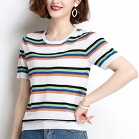 striped short sleeve knitted t shirt women korean style tees female new summer tops loose knitwear casual o neck tee shirt femme