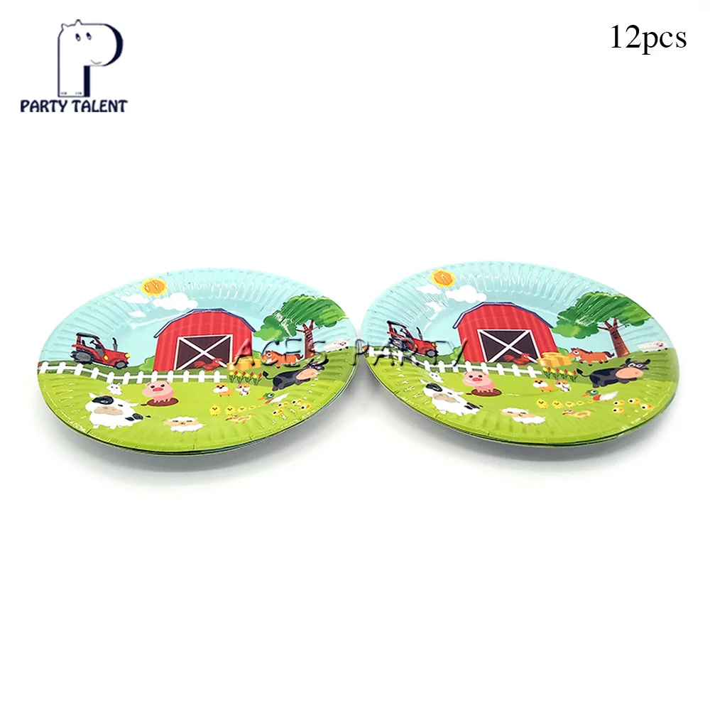 12pcs plates Boys Kids Farm Animal theme table cloth table cover, birthday party Tableware Balloon Candy Box Flag Plate Cup Party Supplies - Цвет: 12pcs plates