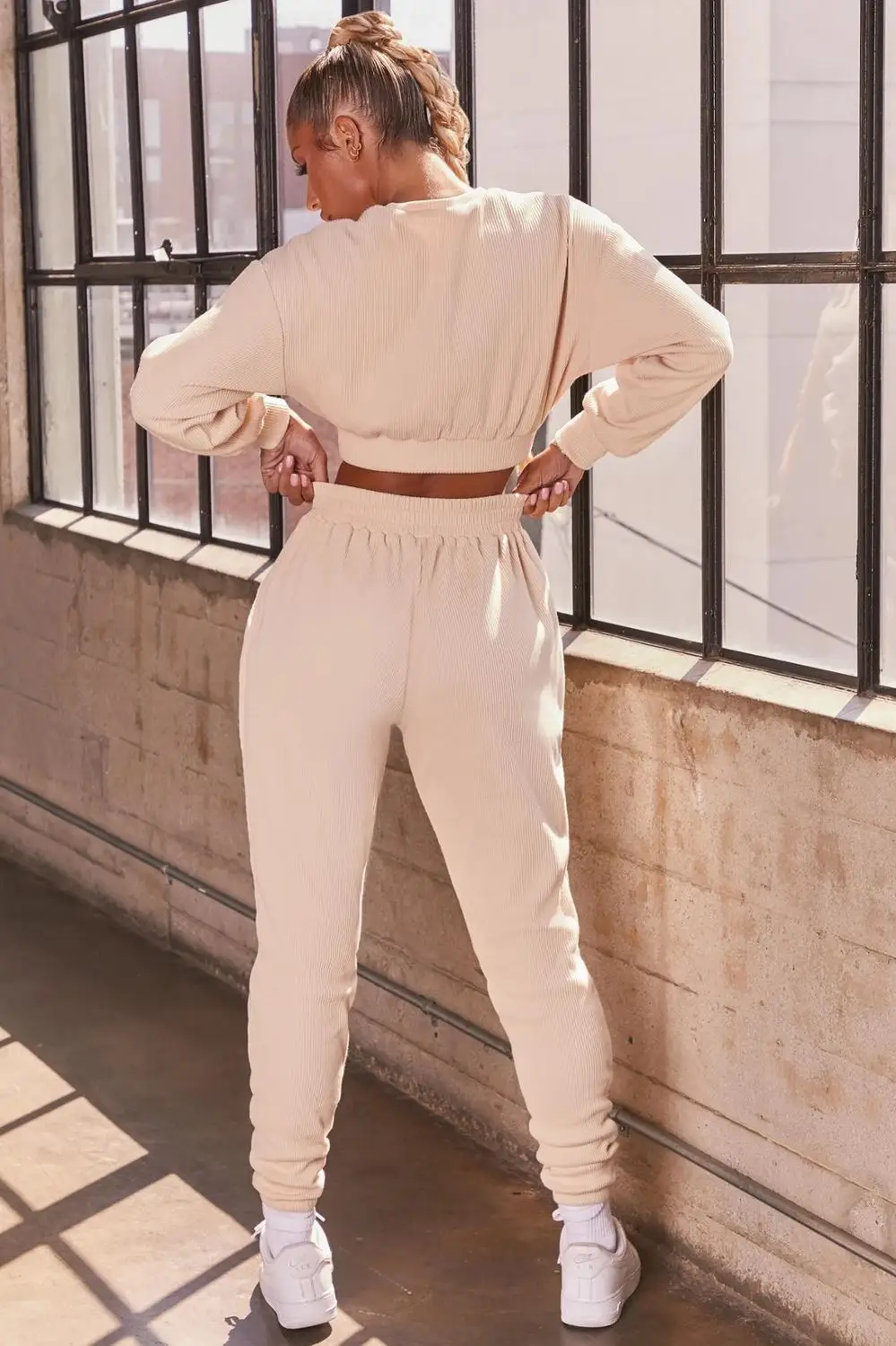 Повседневный Женский комплект вязаный ребристый свитер с круглым вырезом