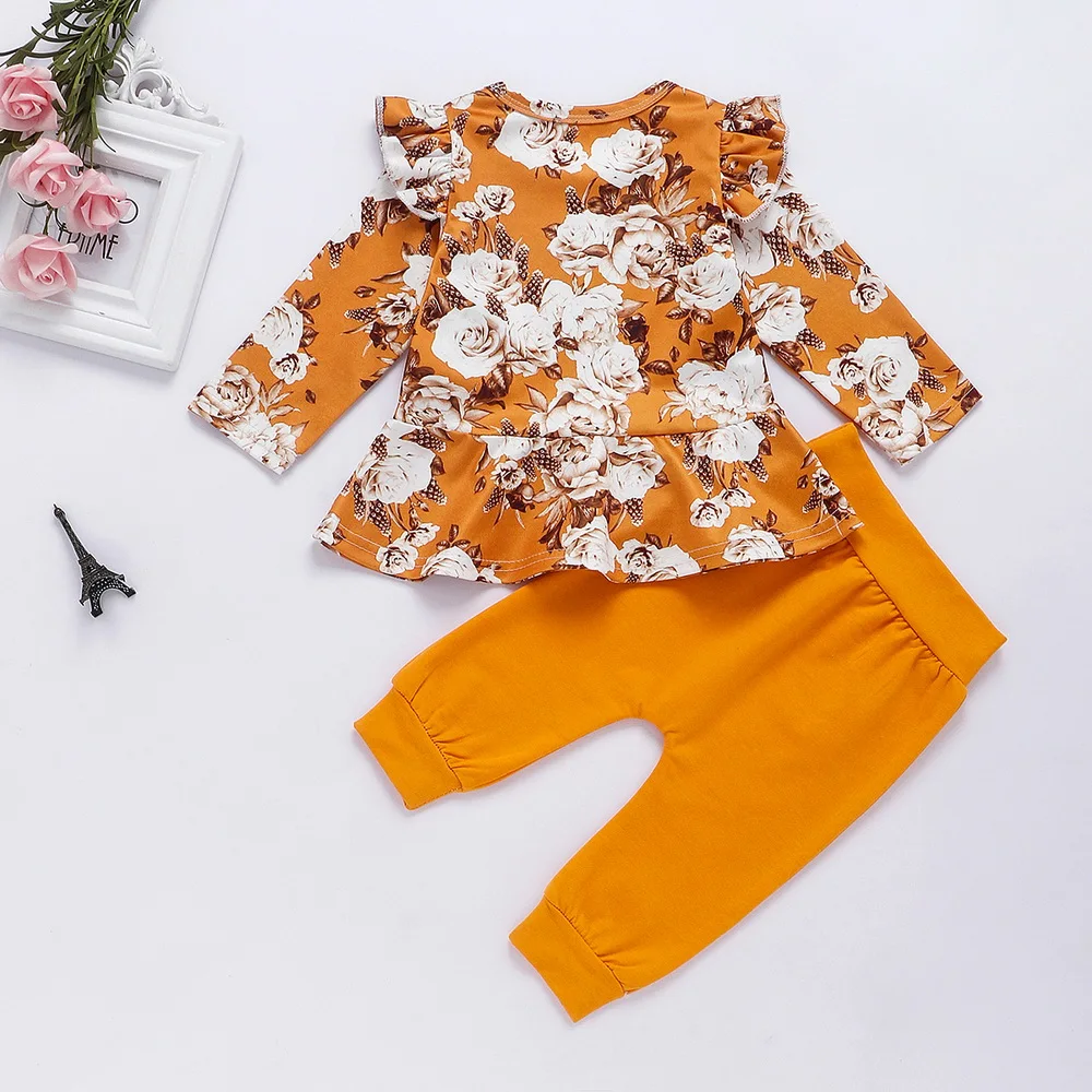 Топ с оборками и цветочным принтом для маленьких девочек + оранжевые однотонные