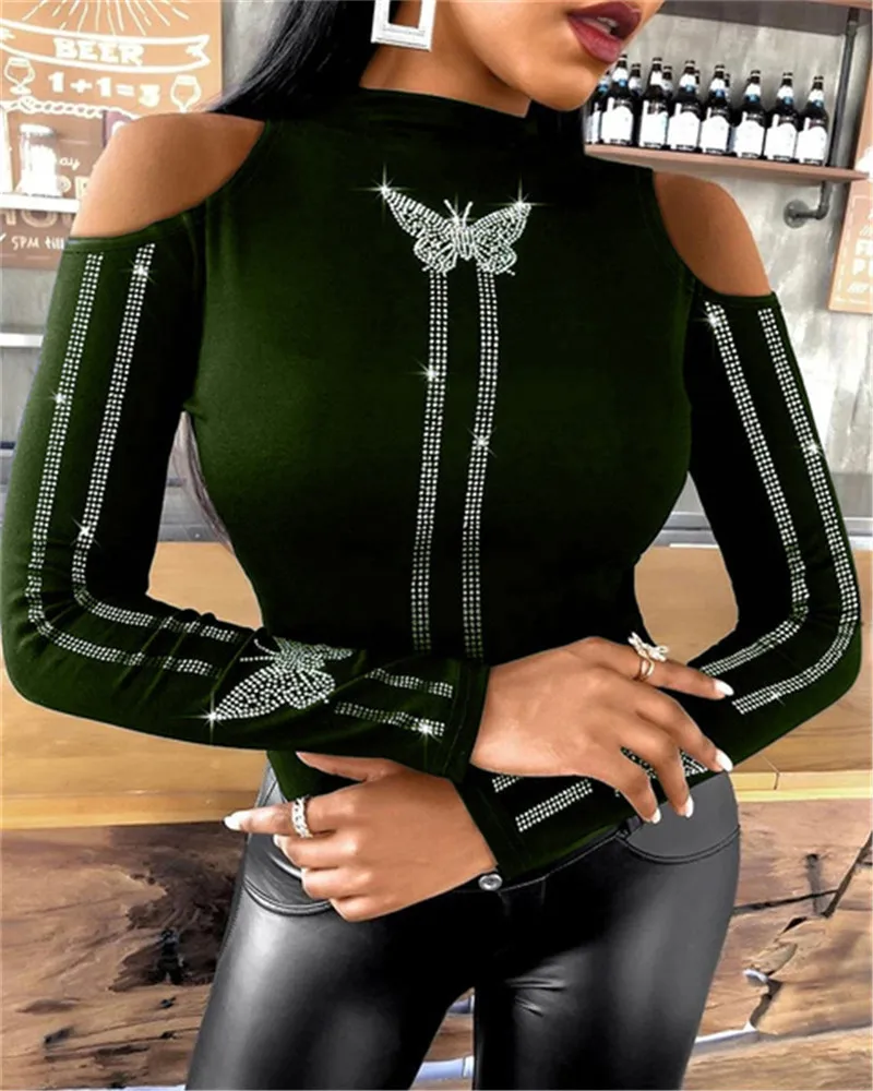 

Women's Solid Color Off Shoulder Slim Shirts, Mock Neck Cold Shoulder Rhinestone Decor Pullover Tops