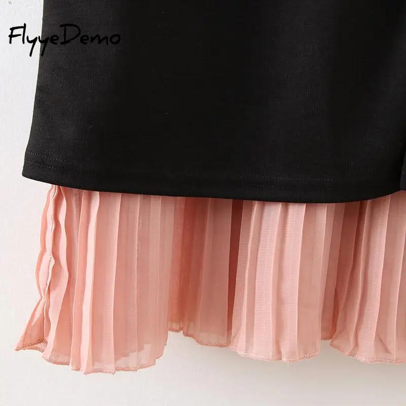 

Vintage Loose Dress Female Side Slit Patchwork Women's Black Dresses Elegant High Waist Autumn Mid Calf Dress 2020 Plus Size